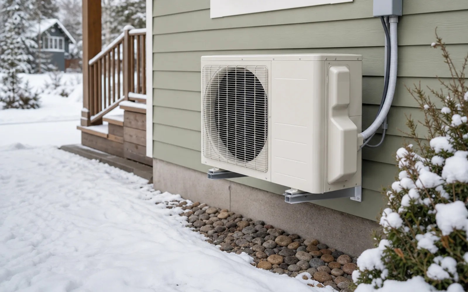 Illustration: snowy home exterior with a ductless mini-split outdoor condenser