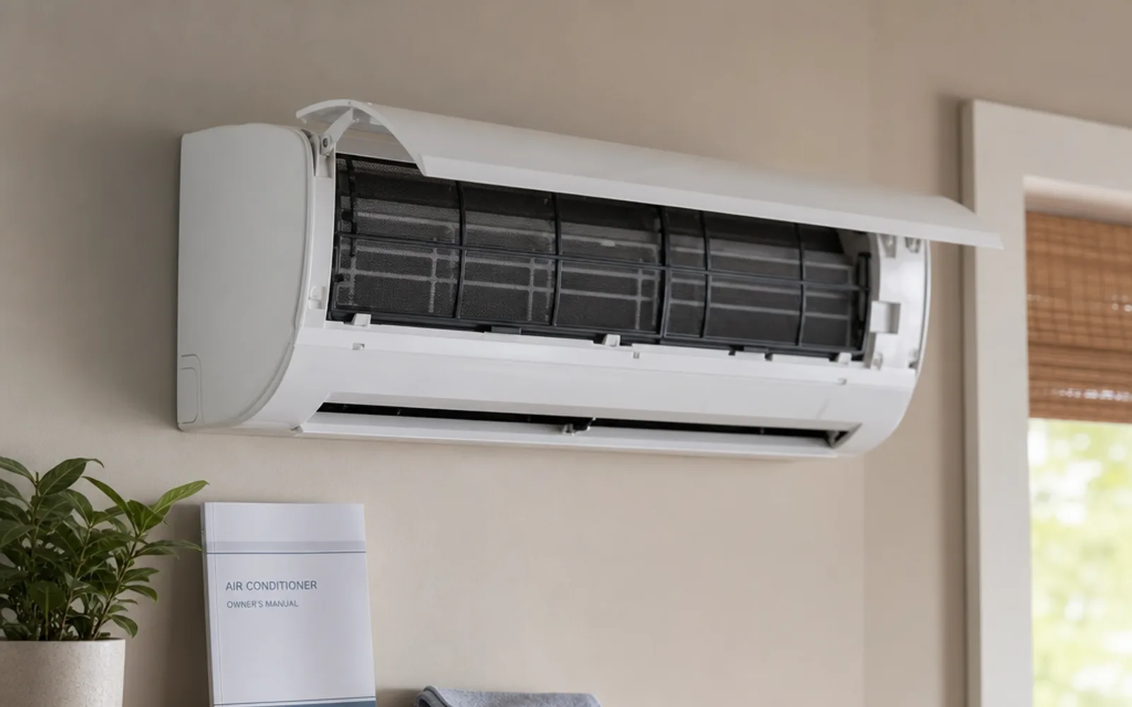 Illustration: ductless mini-split indoor head prepared for simple filter maintenance